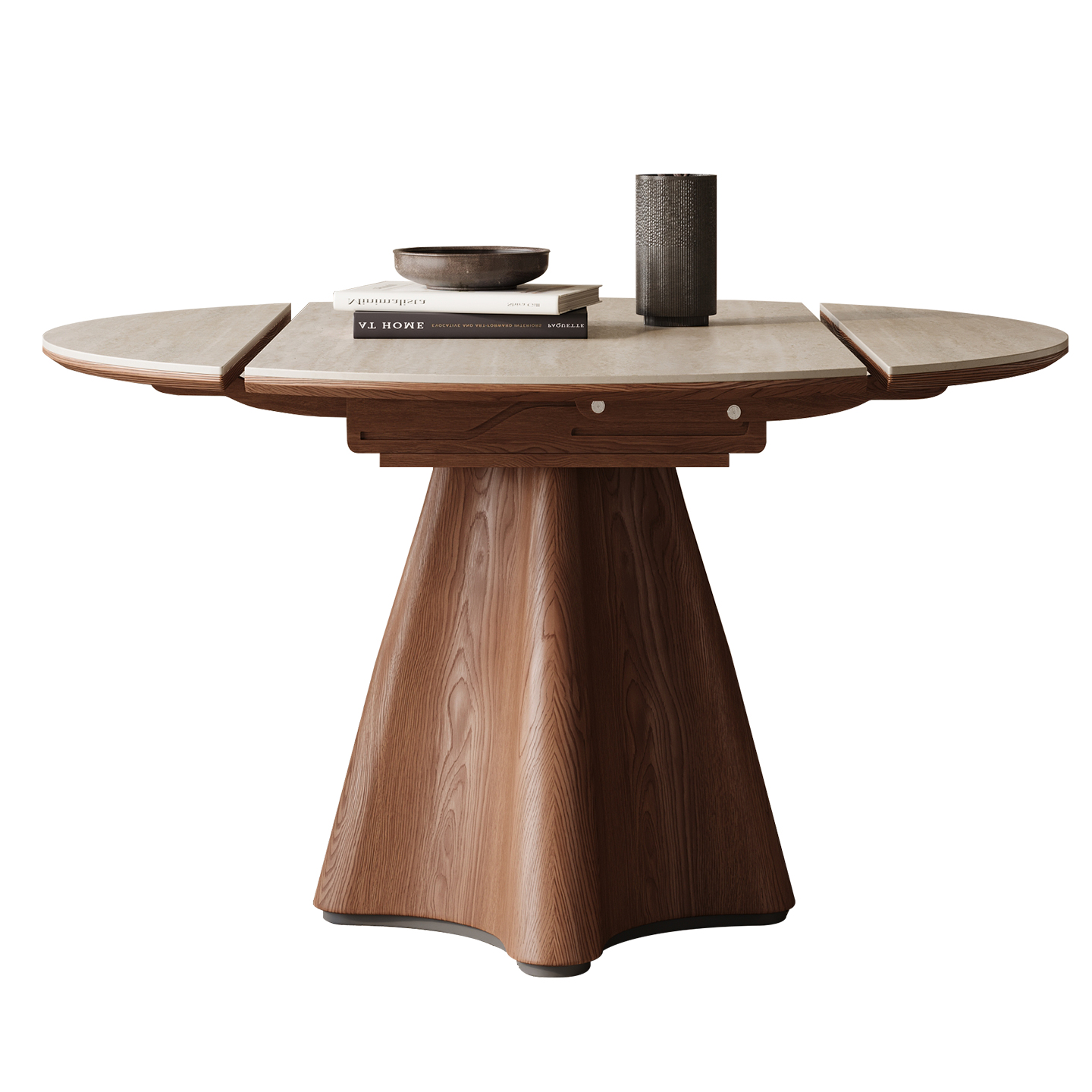 Cave stone rock board solid wood telescopic dining table, circular antique style, household small unit variable round table, wabi sabi folding dining table
