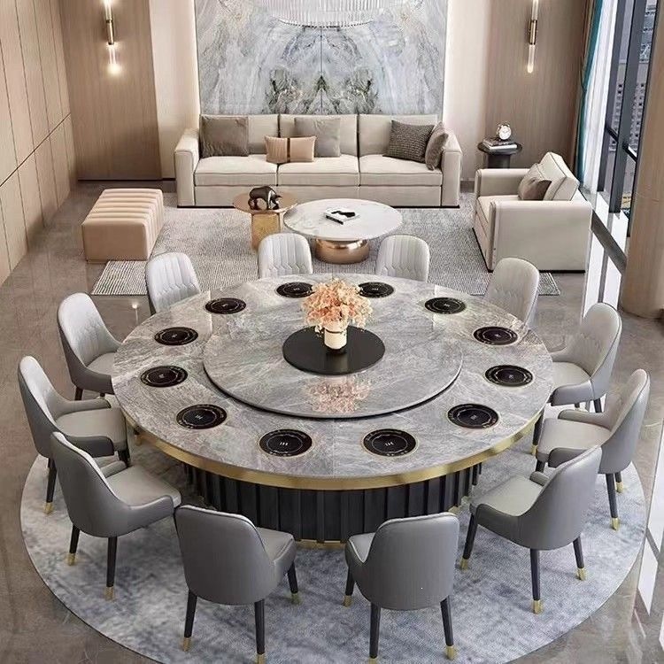 Light luxury hotel rock slab electric dining table, round table with turntable, restaurant commercial induction cooker, dining table for 30 people, dining together