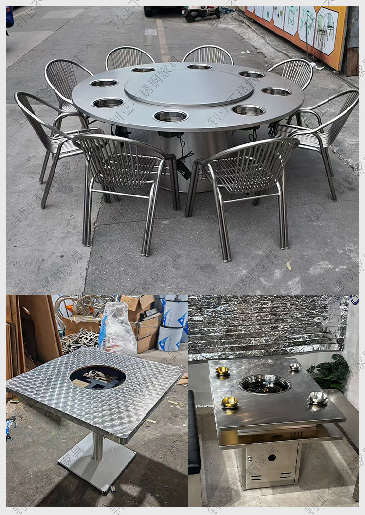 Stainless steel barbecue hot pot table, barbecue restaurant, commercial square card type induction cooker, electric ceramic stove, dining table, industrial wind table