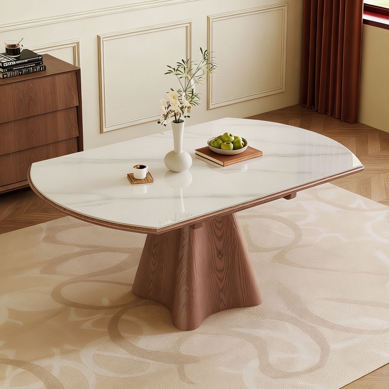 Cave stone rock board solid wood telescopic dining table, circular antique style, household small unit variable round table, wabi sabi folding dining table