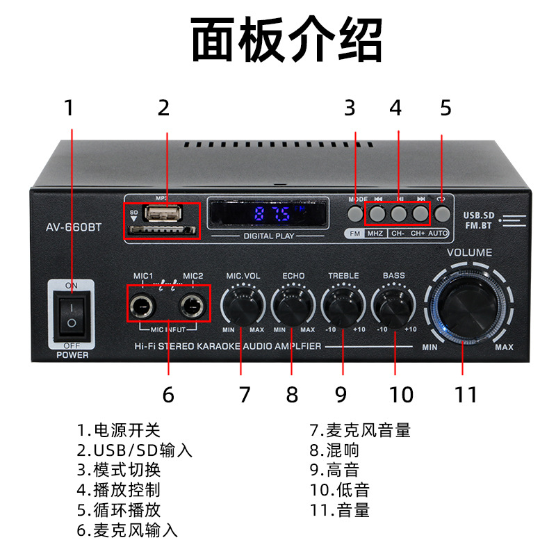 AV-усилитель Hi-Fi стерео караоке AV-660BT с Bluetooth