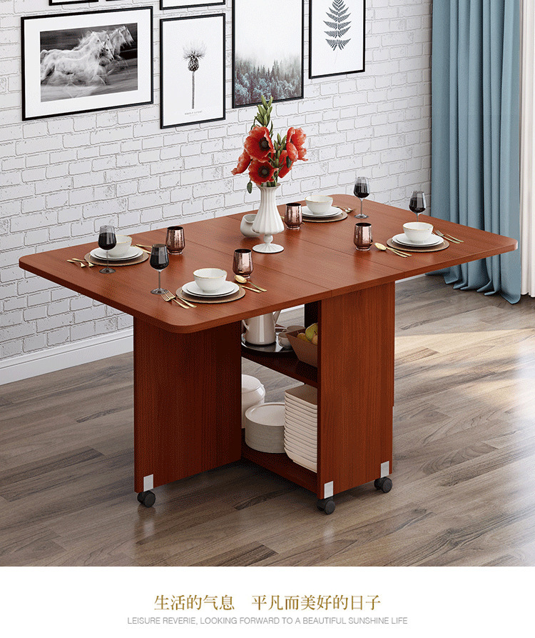 Wooden folding dining table for household small unit rectangular simple and easy to stretch mobile dining table for 4-6 people