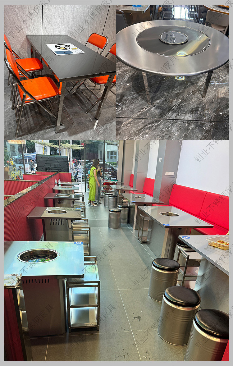 Stainless steel barbecue hot pot table, barbecue restaurant, commercial square card type induction cooker, electric ceramic stove, dining table, industrial wind table