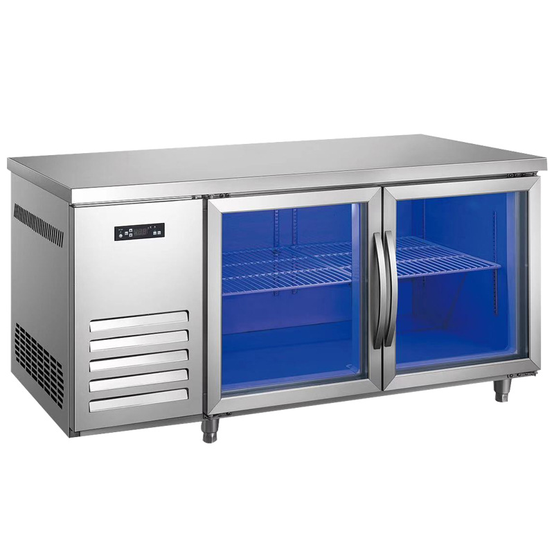 Full range copper tube commercial blue light refrigeration workbench, fresh-keeping glass door workbench, refrigeration and freezing operation table, freezer