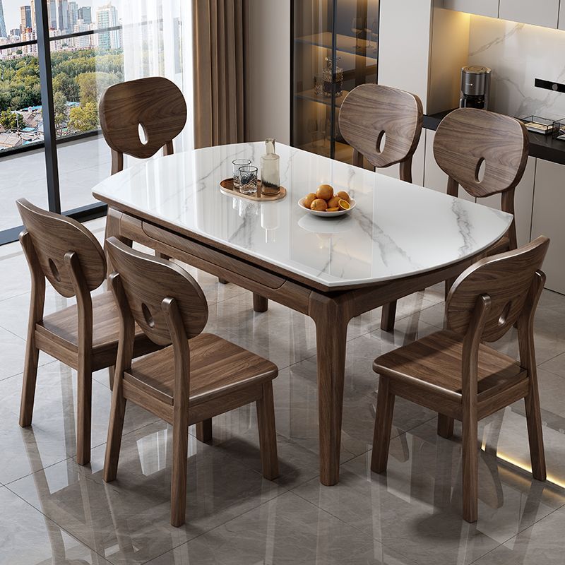 Nordic rock board solid wood dining table combination, small-sized electromagnetic stove, retractable folding, modern and simple household dining table