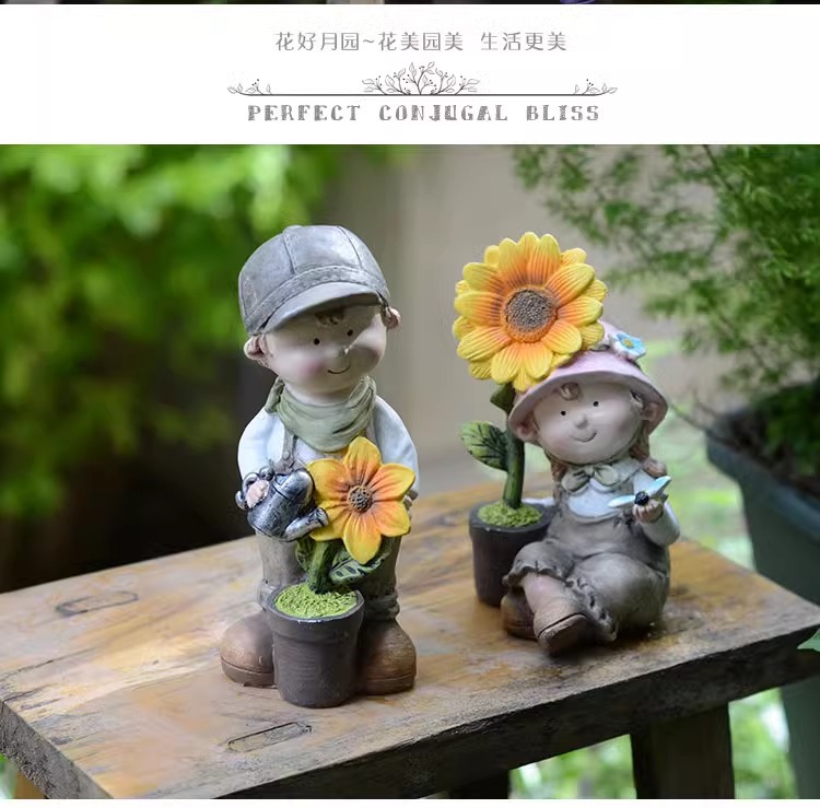 Balcony Cute Garden Doll Ornament Courtyard Home Cartoon Countryside Style Boy and Girl Resin Decorations Desktop