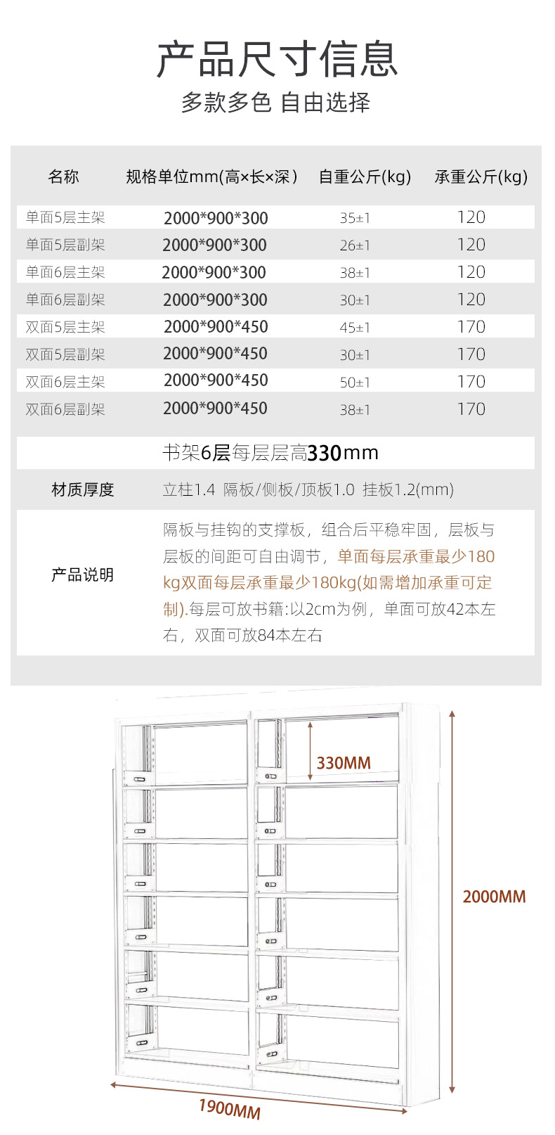 Steel bookshelf, book reading rack, household book storage rack, archive storage rack, double-sided data rack, minimalist design