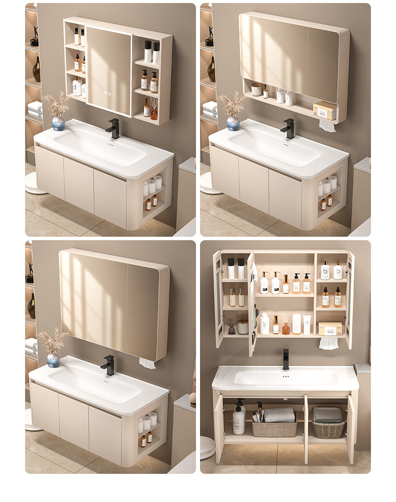 Cream wind honeycomb aluminum bathroom cabinet washbasin mirror cabinet combination bathroom ceramic integrated washbasin washbasin sink