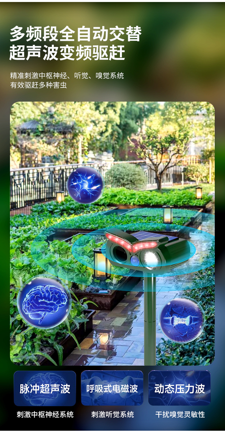 Solar powered rodent repellent outdoor garden farm specific animal repellent ultrasonic infrared induction explosive flash repellent
