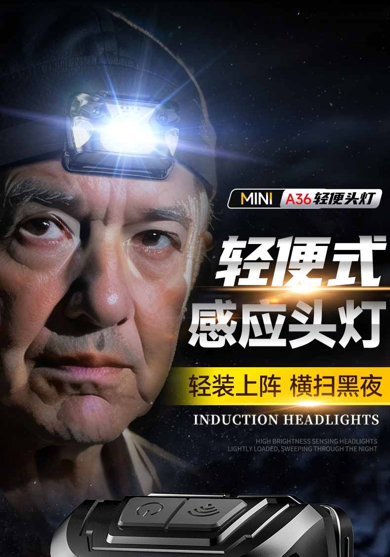 LED induction headlight with long battery life, strong light, USB charging, fishing mini red bald head, wearable outdoor cycling work light