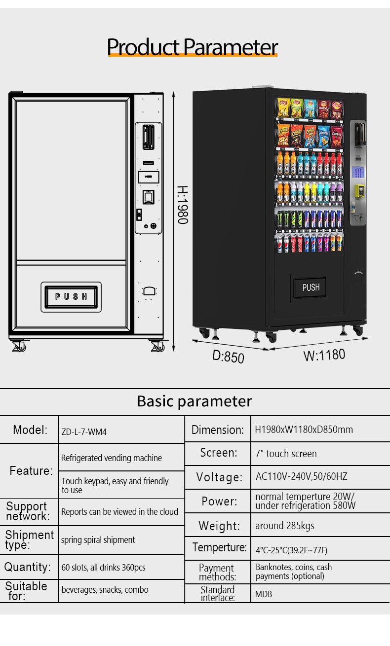 Export vending machine with 24-hour cooling, beverage vending machine, snack vending machine, self-service vending machine