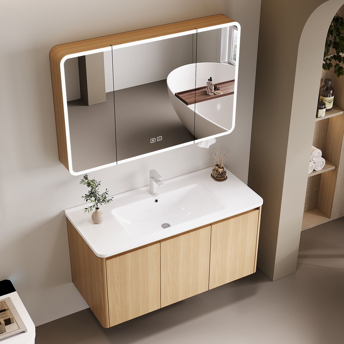Wood colored honeycomb aluminum bathroom cabinet, mirror cabinet, combination of circular arc angle ceramic integrated basin, washbasin, sink, and wash basin