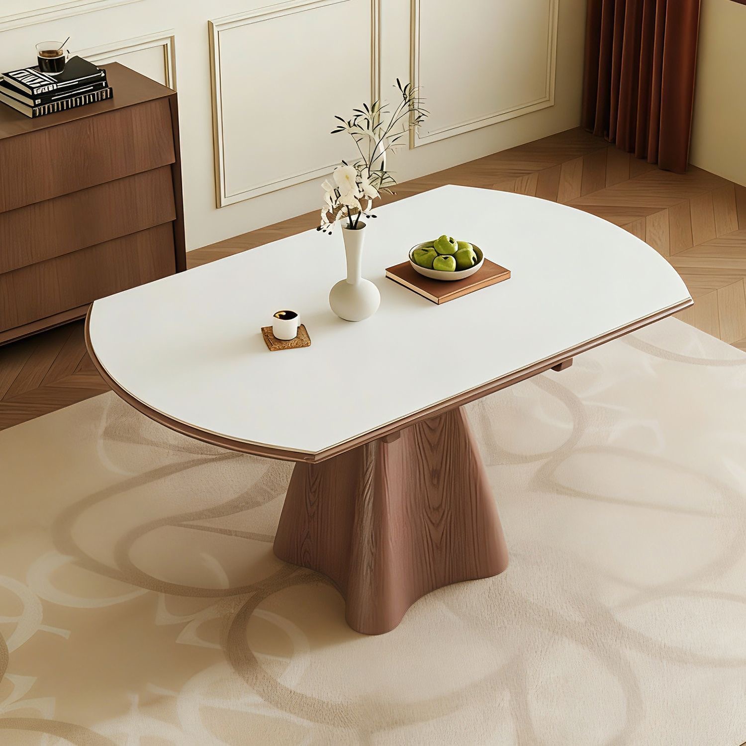 Cave stone rock board solid wood telescopic dining table, circular antique style, household small unit variable round table, wabi sabi folding dining table