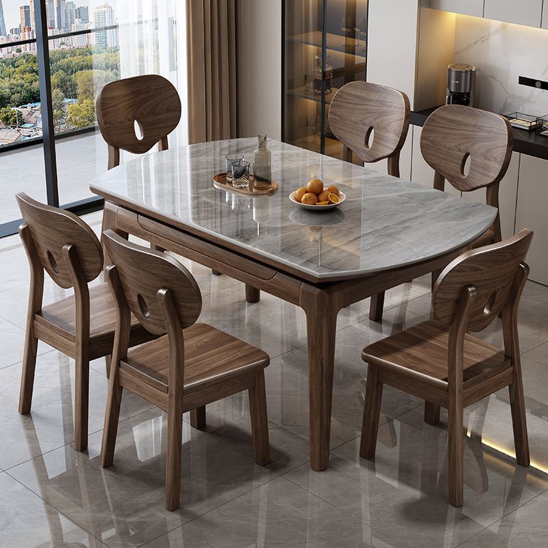 Nordic rock board solid wood dining table combination, small-sized electromagnetic stove, retractable folding, modern and simple household dining table