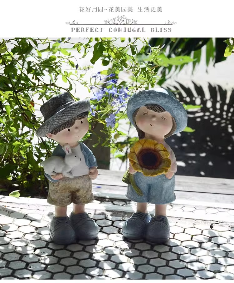 Balcony Cute Garden Doll Ornament Courtyard Home Cartoon Countryside Style Boy and Girl Resin Decorations Desktop