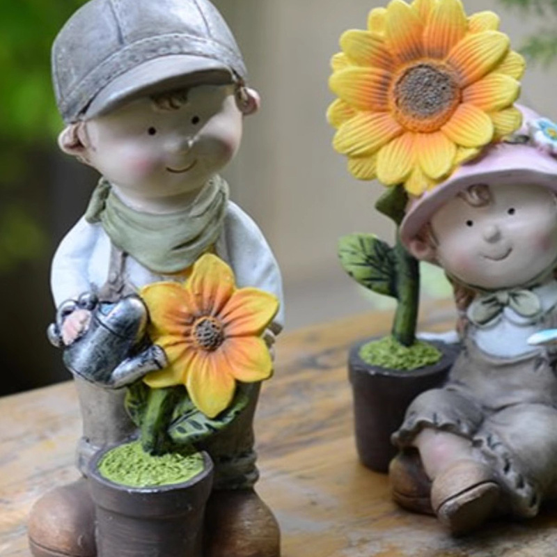 Balcony Cute Garden Doll Ornament Courtyard Home Cartoon Countryside Style Boy and Girl Resin Decorations Desktop