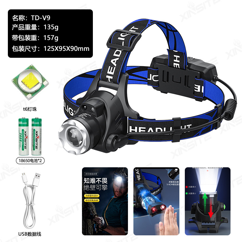 Cross border outdoor zoom induction strong bald head light, long endurance lithium battery head mounted explosive dual light source fishing light, mining light