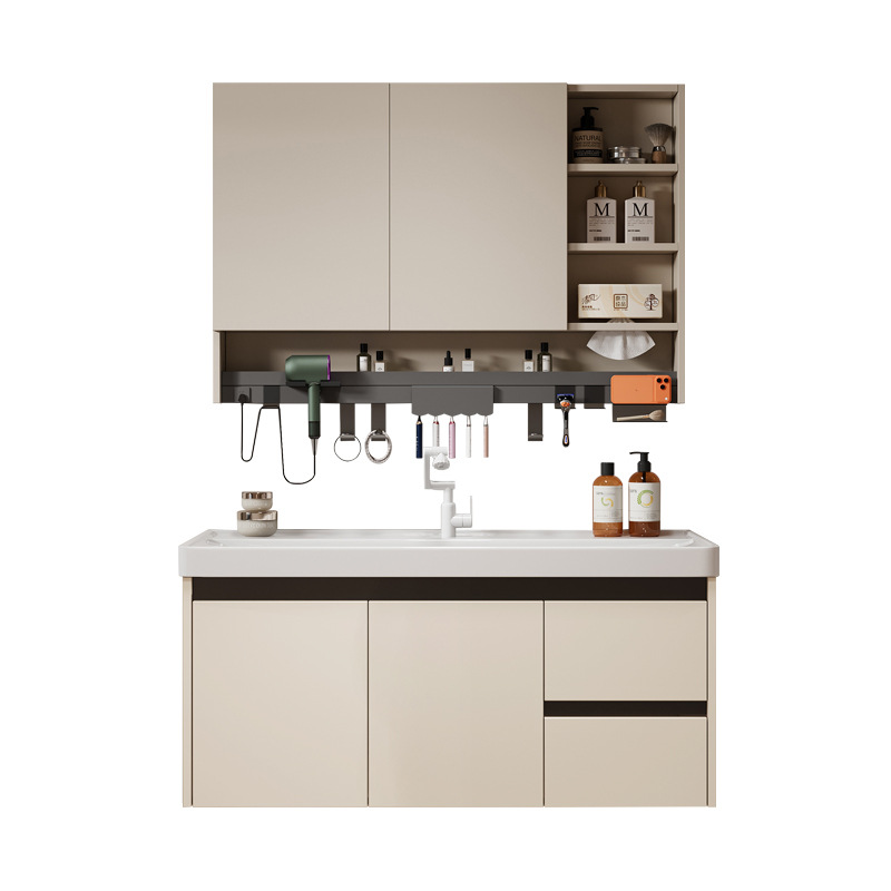 Hidden Feng Shui Mirror Cream Honeycomb Aluminum Bathroom Cabinet Combination Storage Integrated Ceramic Washbasin Hand Washing Stand