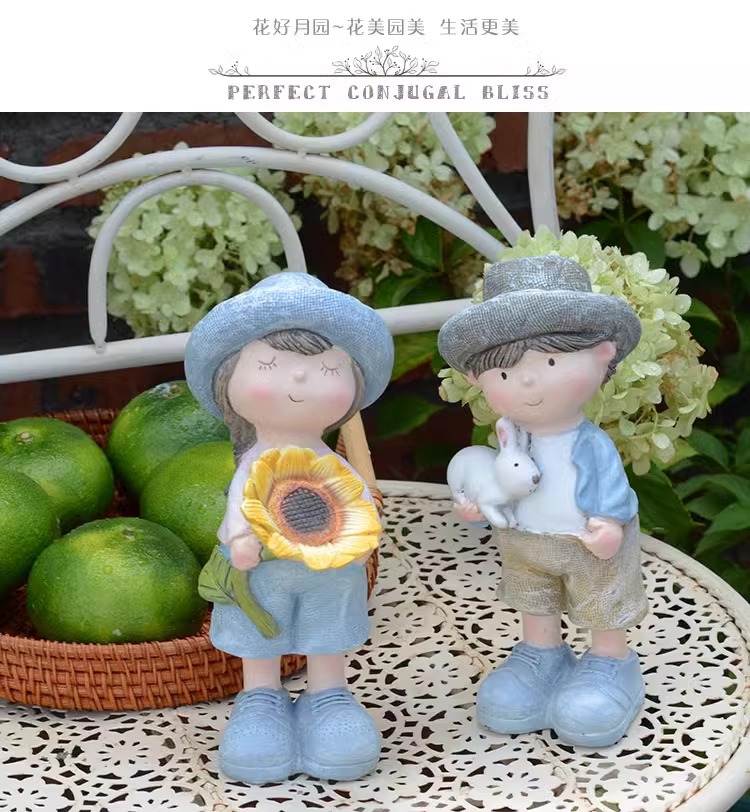 Balcony Cute Garden Doll Ornament Courtyard Home Cartoon Countryside Style Boy and Girl Resin Decorations Desktop