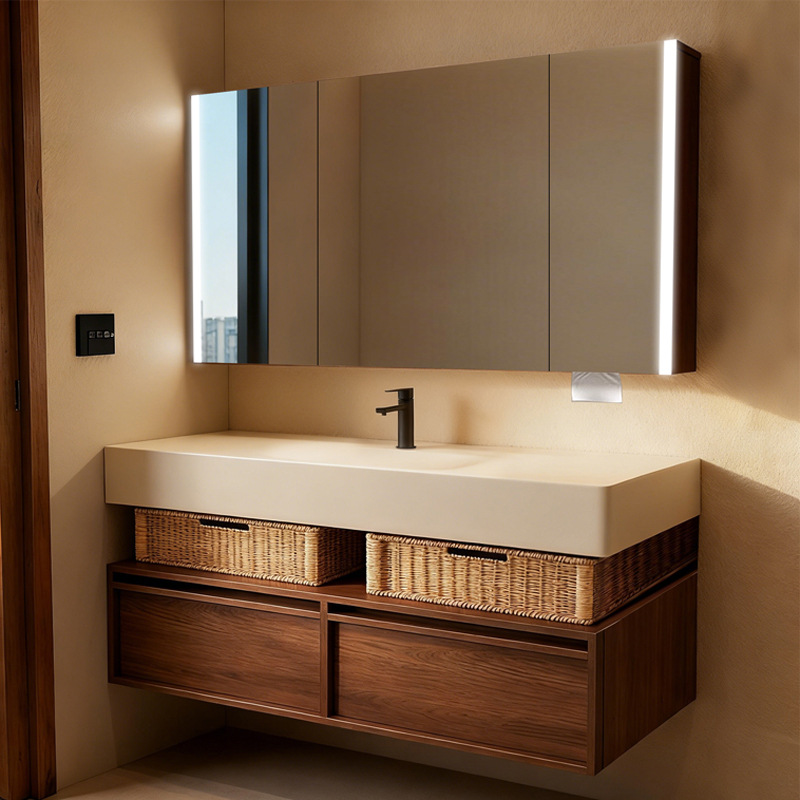 Middle ancient style rock board hot bending integrated basin hotel style bathroom cabinet Moganshan multi-layer solid wood washbasin basin cabinet combination