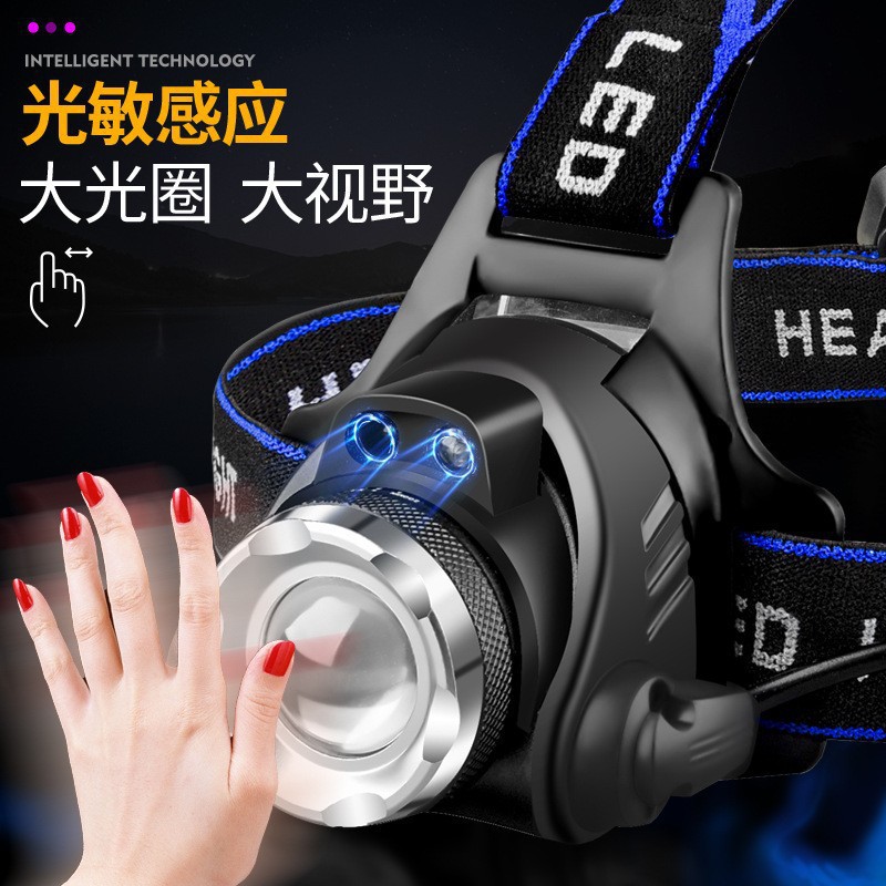 Cross border outdoor zoom induction strong bald head light, long endurance lithium battery head mounted explosive dual light source fishing light, mining light