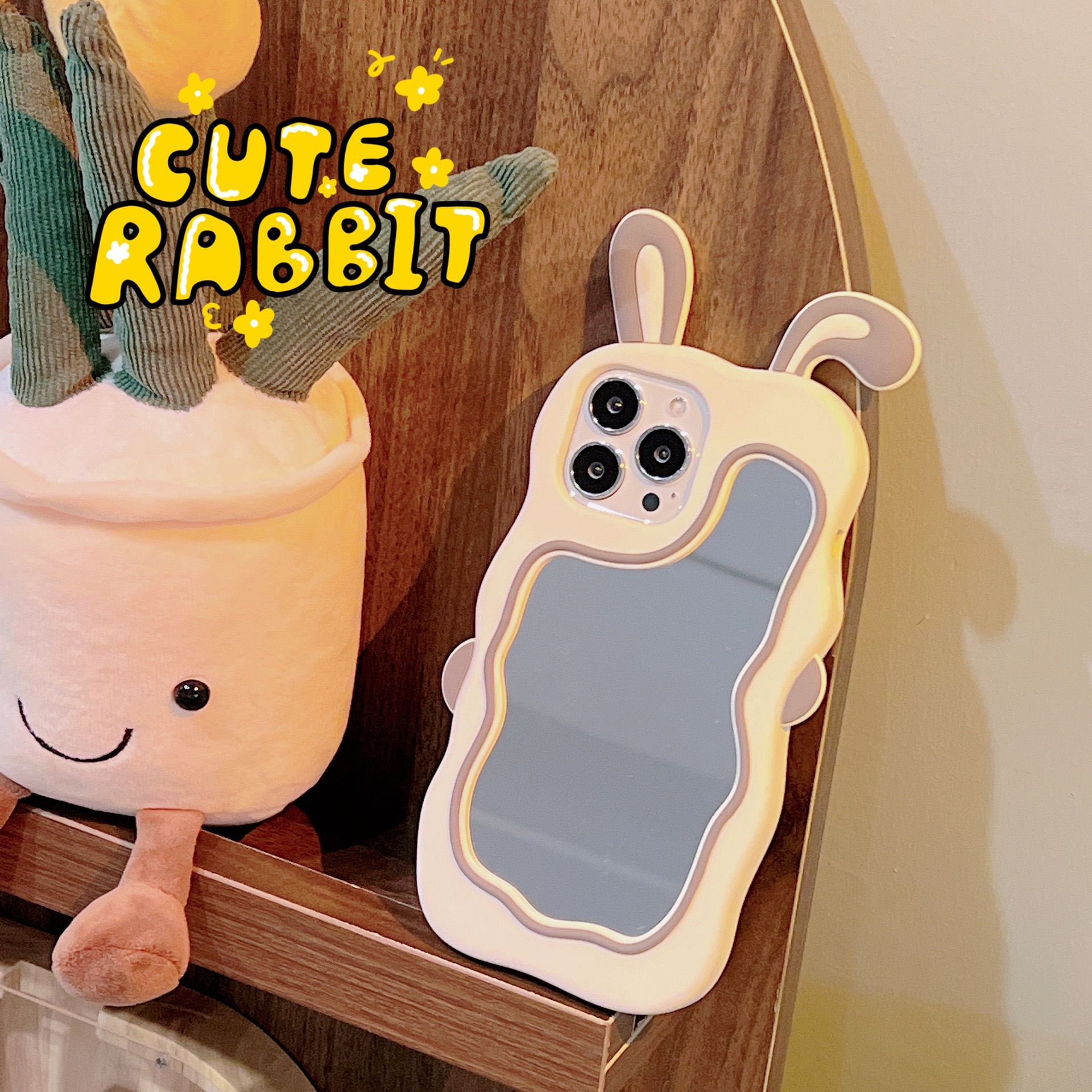 Cute Pink Rabbit Ear Makeup Mirror Suitable for iPhone 15 Promax Apple 13/12/11 Phone Case XR Silicone