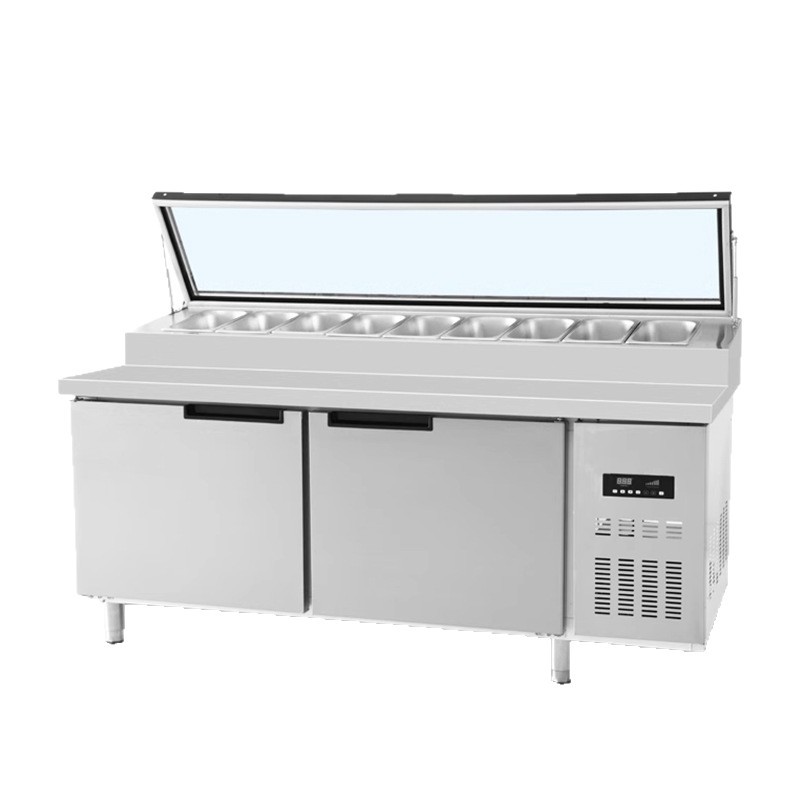 Commercial air-cooled pizza spreading table, salad fruit scoop operation table, display of freshness, refrigerated freezer, milk tea water bar table