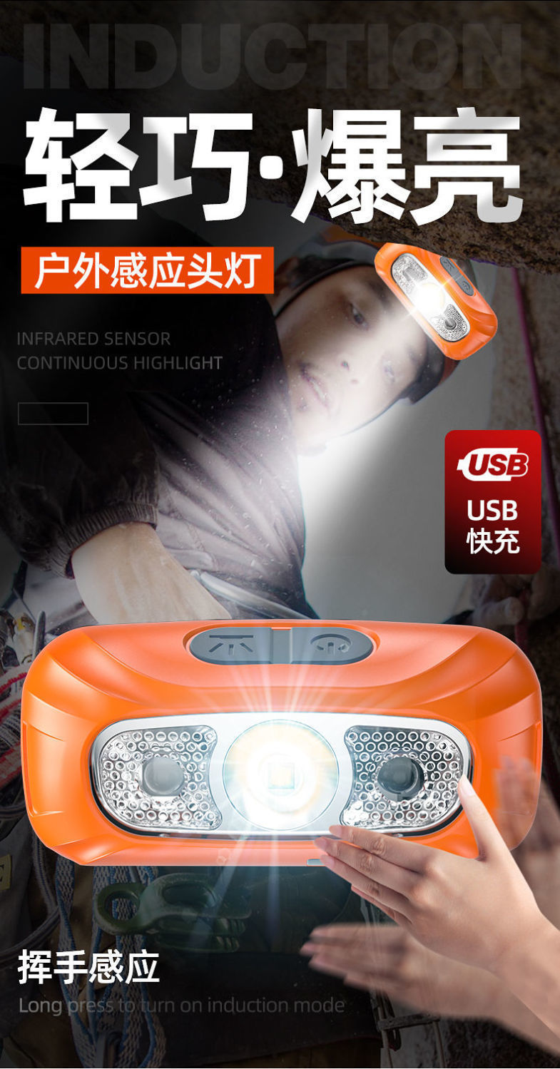 Waterproof head mounted outdoor fishing sensor LED headlight with strong light and dual lithium batteries, built-in battery for night running, 100w ultra bright
