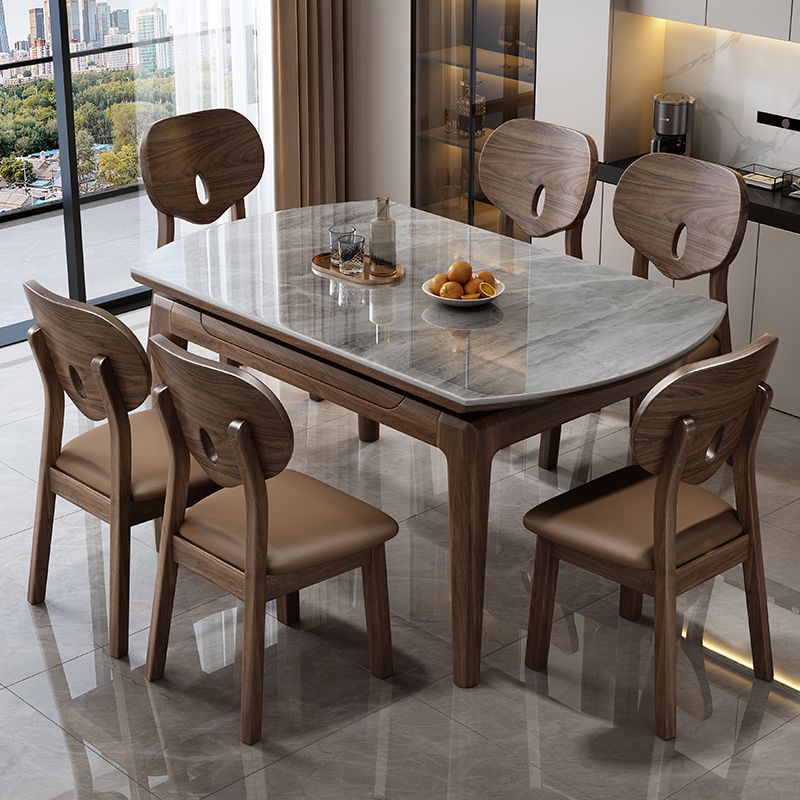 Nordic rock board solid wood dining table combination, small-sized electromagnetic stove, retractable folding, modern and simple household dining table