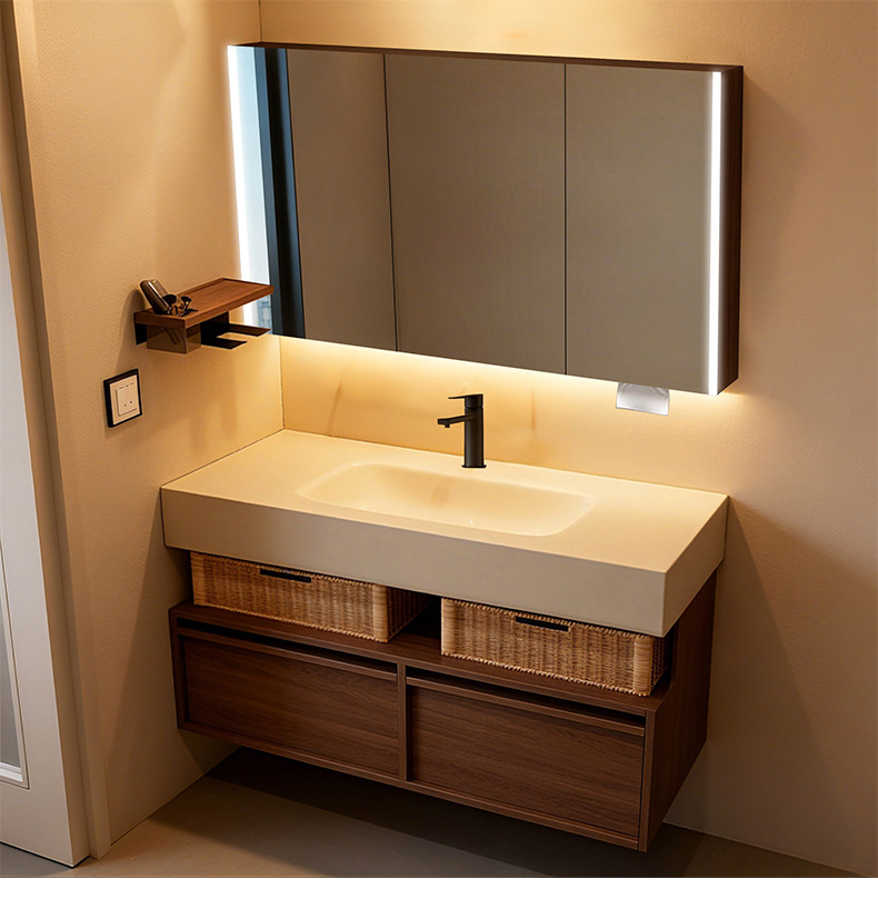 Middle ancient style rock board hot bending integrated basin hotel style bathroom cabinet Moganshan multi-layer solid wood washbasin basin cabinet combination