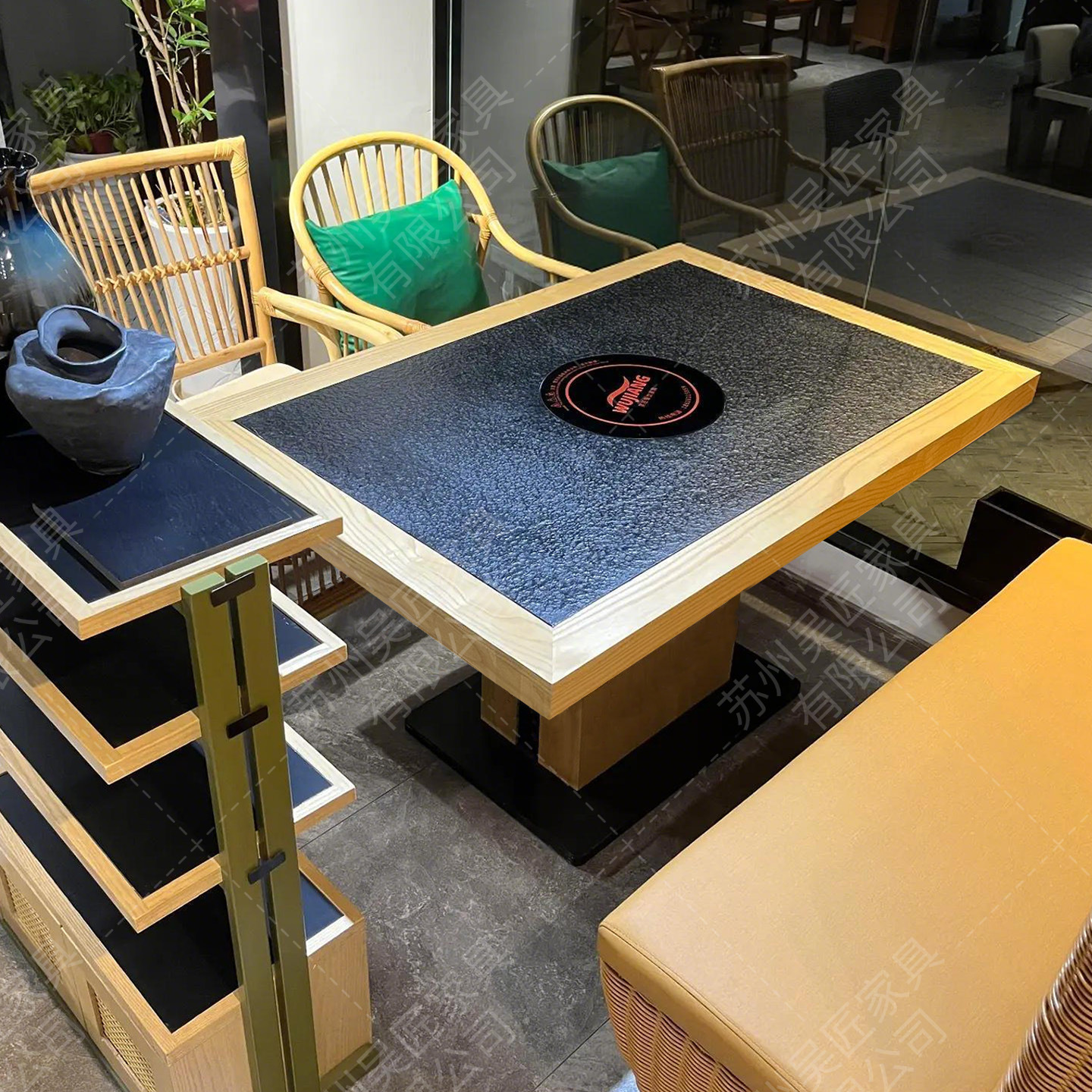 San Chushan Hot Pot Table Smoke free Induction Cooker Integrated Commercial Mountain Slow Fire Stove Stone Mountain Wild Style Chinese Restaurant Table and Chair