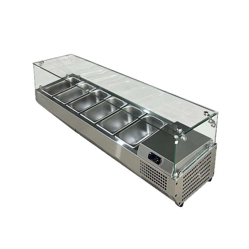 Freshness preserving desktop salad stand, refrigerated display cabinet, pizza freezer, operation desk, ingredient dispensing, dessert freezer, customized salad stand