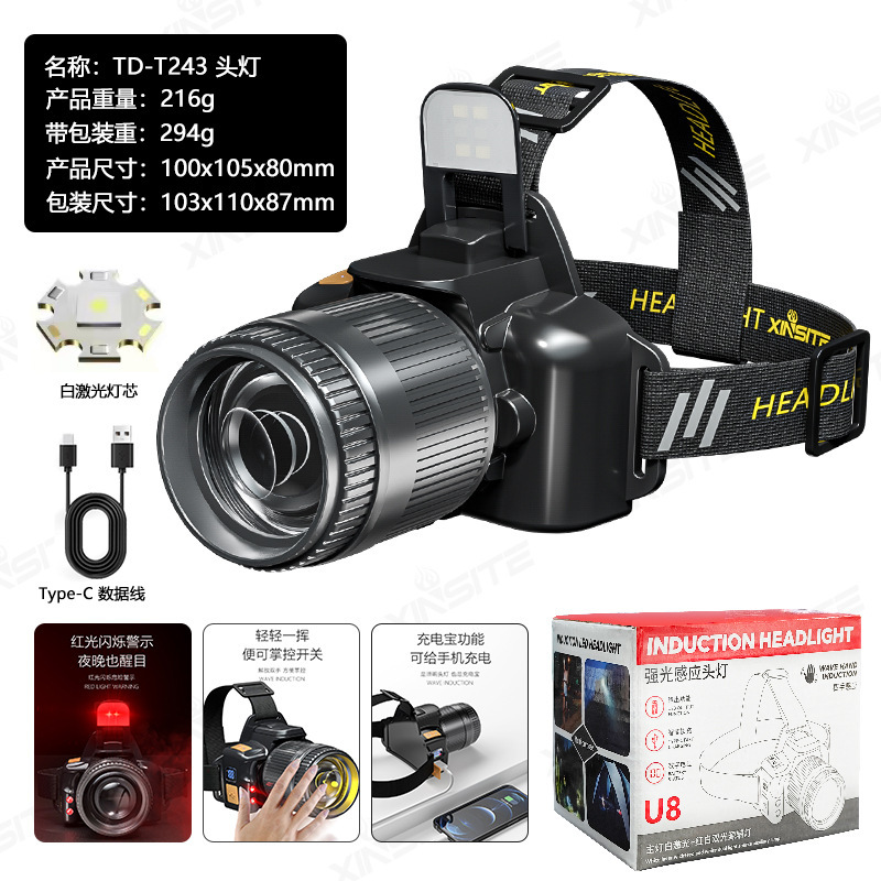 Cross border outdoor zoom induction strong bald head light, long endurance lithium battery head mounted explosive dual light source fishing light, mining light