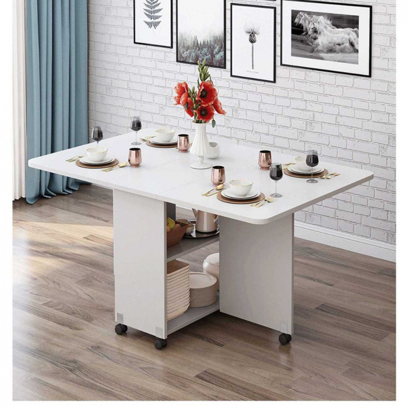 Wooden folding dining table for household small unit rectangular simple and easy to stretch mobile dining table for 4-6 people