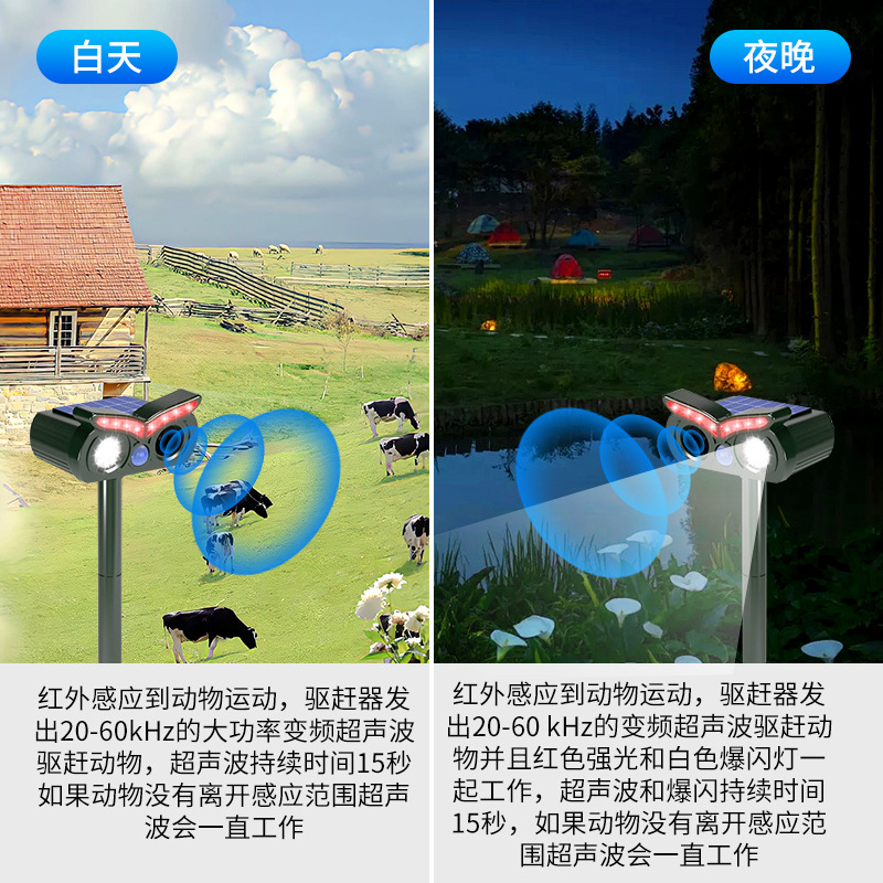 Solar powered rodent repellent outdoor garden farm specific animal repellent ultrasonic infrared induction explosive flash repellent