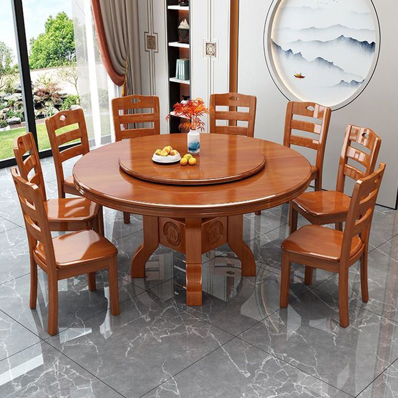 Chinese solid wood round table dining table, household solid wood induction cooker dining table turntable combination, hotel carved round dining table dining table