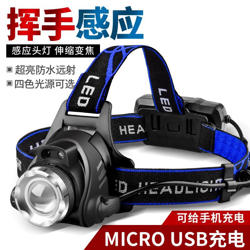 Cross border outdoor zoom induction strong bald head light, long endurance lithium battery head mounted explosive dual light source fishing light, mining light
