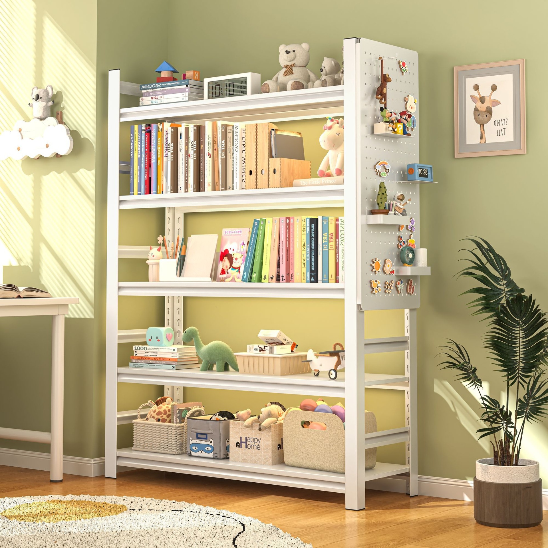 Steel formaldehyde free children's bookshelf storage rack, floor to ceiling integrated wall mounted simple picture book storage rack, bay window reading rack