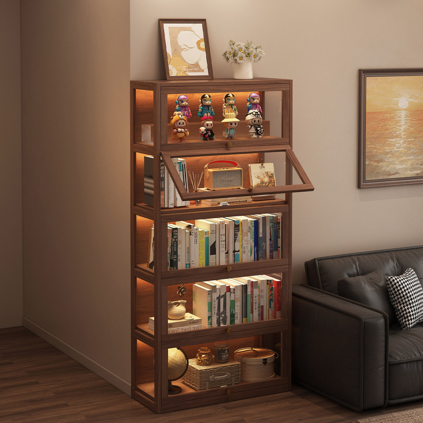 Solid wood bookshelf, floor standing shelf, bookshelf storage cabinet, integrated wall facing home use, antique shelf with door, dust-proof display cabinet