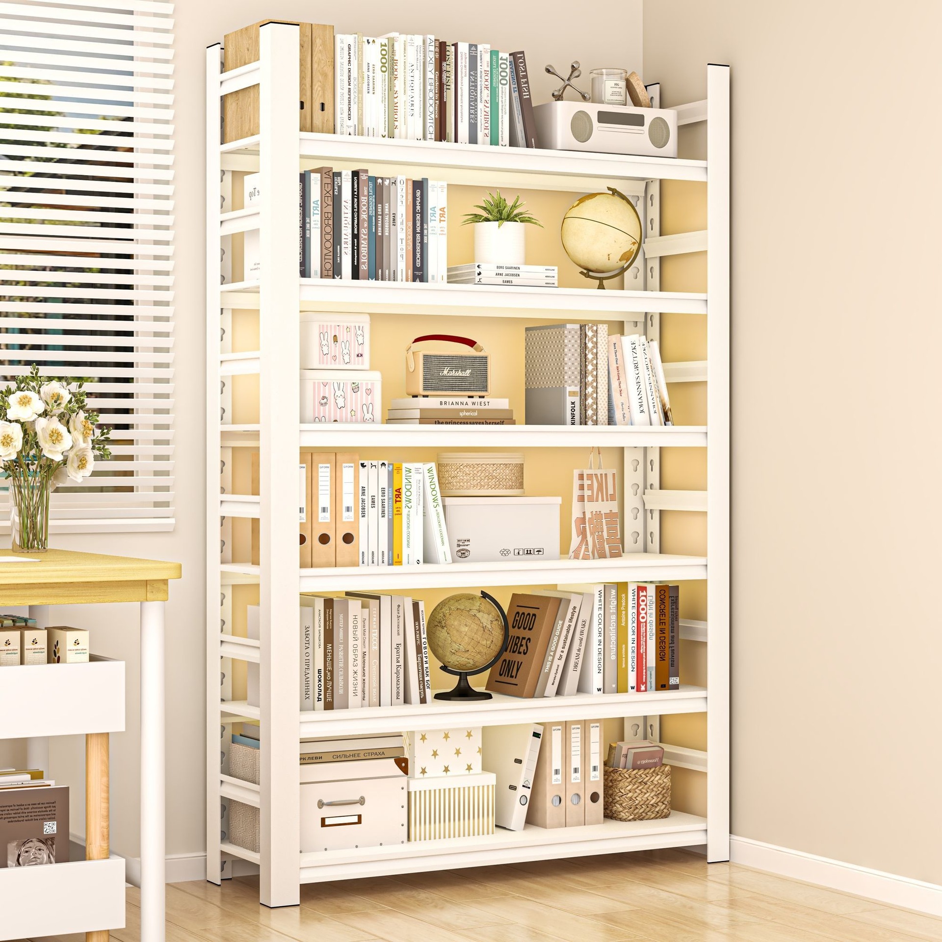 Steel formaldehyde free children's bookshelf storage rack, floor to ceiling integrated wall mounted simple picture book storage rack, bay window reading rack