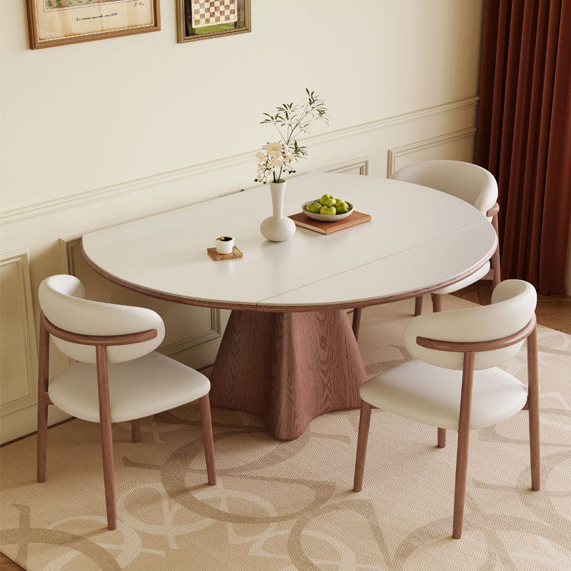 Cave stone rock board solid wood telescopic dining table, circular antique style, household small unit variable round table, wabi sabi folding dining table