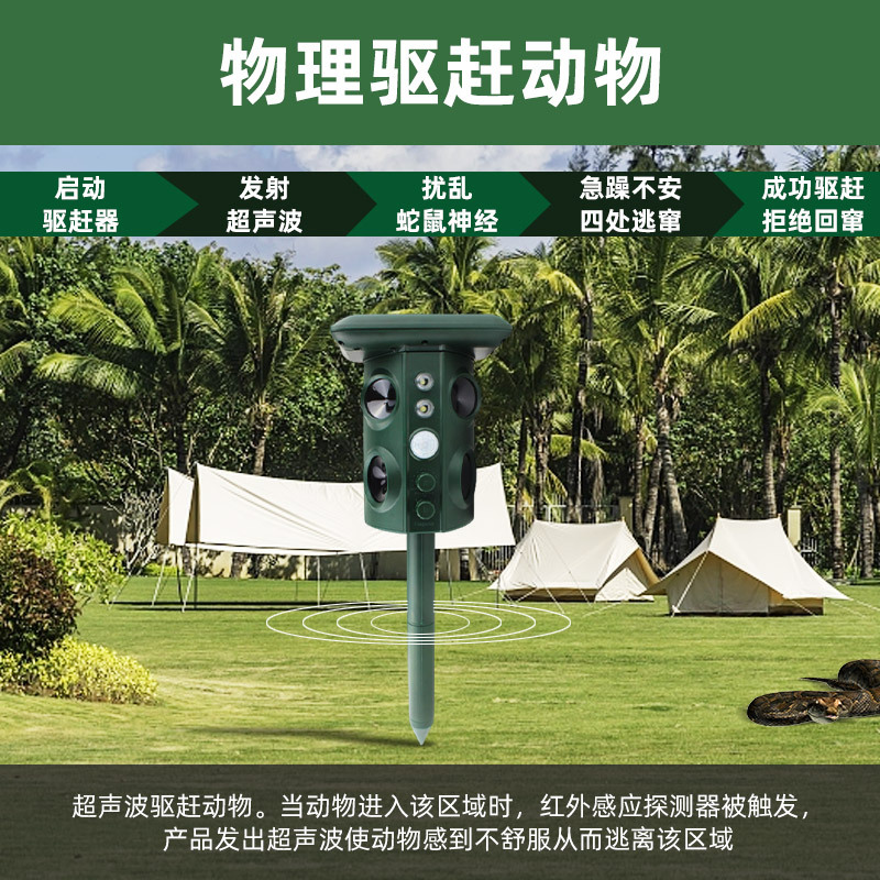 Cross border outdoor solar animal repellent, new ultrasonic vibration intelligent snake, mouse and bird repellent in stock