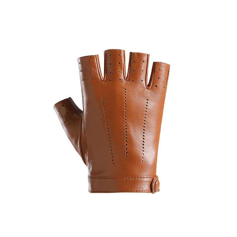 Real leather half finger gloves for women in spring and autumn, thin, breathable, perforated, cycling, motorcycle, road bike, top layer sheepskin
