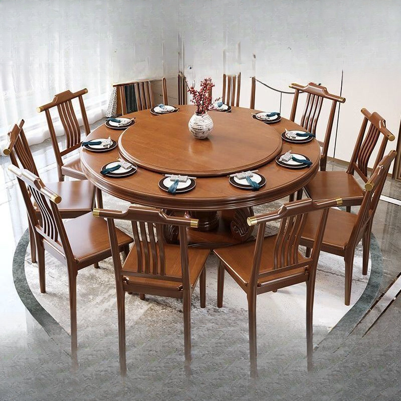 New Chinese style solid wood dining table, chairs, circular dining table, household dining table, round table with turntable, restaurant induction cooker, large round table