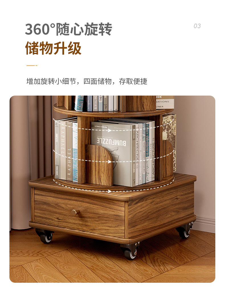 360 degree rotating bookshelf, floor standing storage rack, picture book rack, household student portable bookshelf with wheels, easy to move