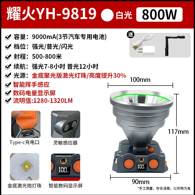 工厂批发超亮耀火头灯 感应白光黄光钓鱼灯激光炮长续航LED手电筒