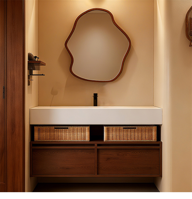 Middle ancient style rock board hot bending integrated basin hotel style bathroom cabinet Moganshan multi-layer solid wood washbasin basin cabinet combination