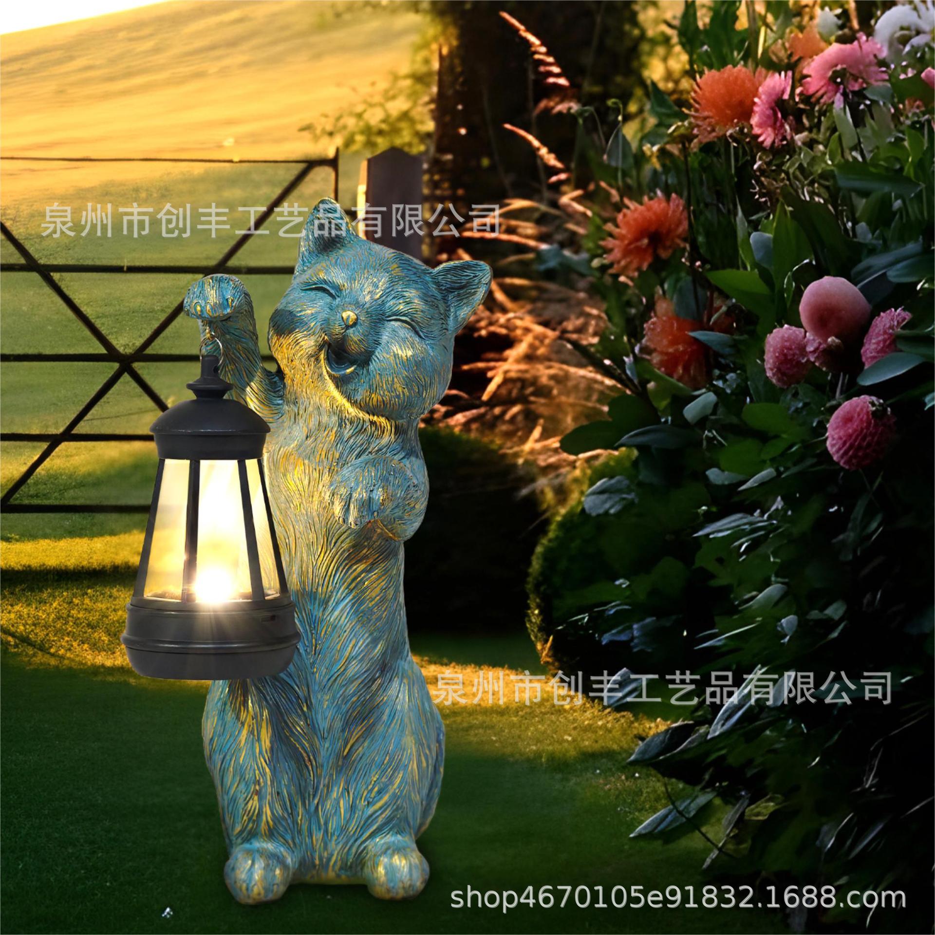 户外太阳能庭院灯摆件小猫提灯树脂工艺品雕像花园庭院装饰品摆件