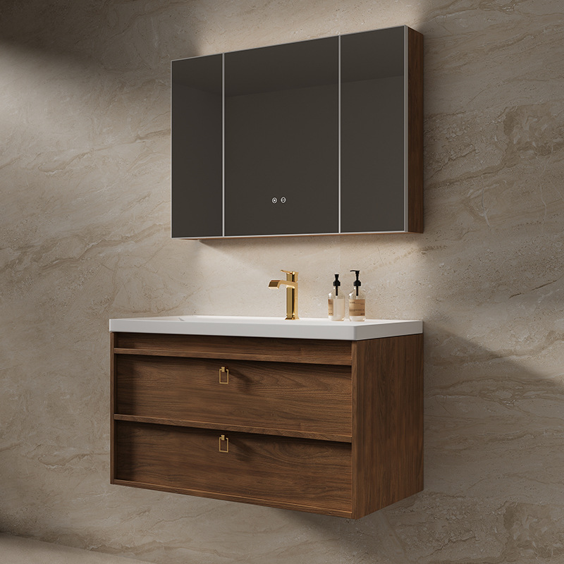 Walnut wood antique style bathroom cabinet, ceramic integrated basin, bathroom washbasin, intelligent mirror cabinet, origin factory