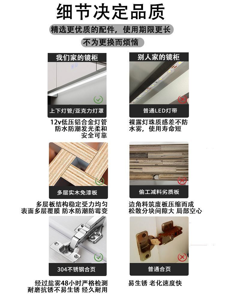 实木浴室智能镜柜单独挂墙式带灯除雾卫生间镜子带收纳一体柜